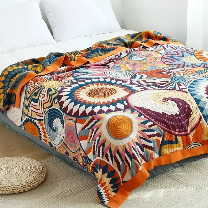 Solar Harmony Boho Cotton Throw Blanket